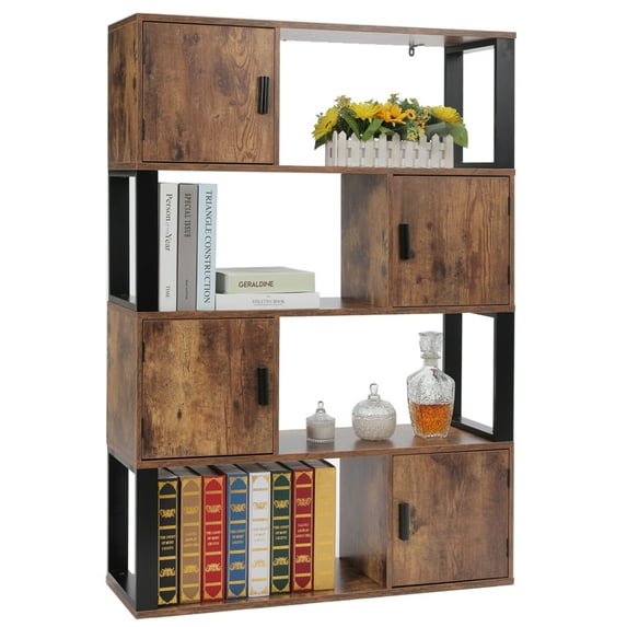 USIKEY Retro Bookcase, 4 Tier Bookshelf with 4 Storage Cabinets for Books, Photos, Decorations, in Living Room, Office, Storage Organizer with 4 Cubes, Rustic Brown