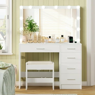 USIKEY Super Large Mirror and Charging Station Vanity Tables & Table & Bench Set White