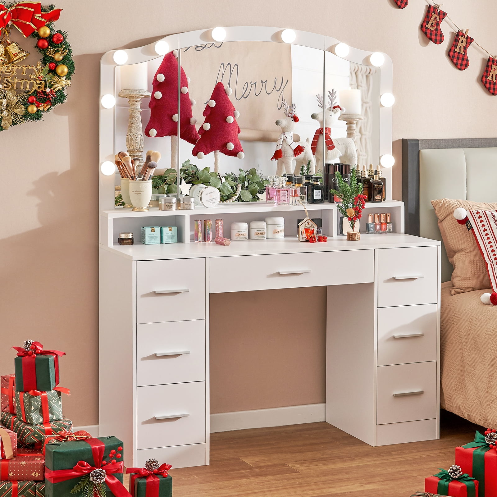 USIKEY Vanity Desk with Large Lighted Mirror, 43.3" Makeup Vanity Table