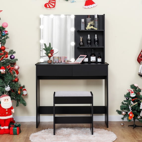 SIKEY Vanity Table Set with LED Lights, 2 Drawers and Shelves, Black