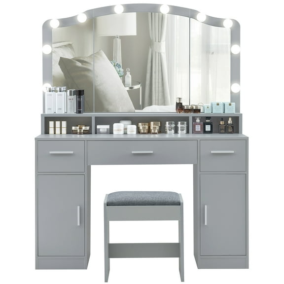 USIKEY Women Modern Large Vanity Set with Lighted Mirror and Storage Cabinets Table Set, Gray