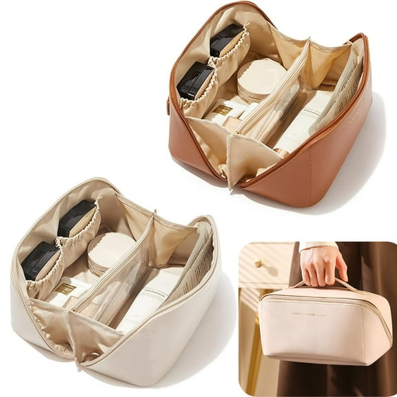 USIONE 2-Pack Travel Makeup Bag - Large Waterproof Cosmetic Organizer with Divider/Handle - Open Flat Toiletry Pouch for Women