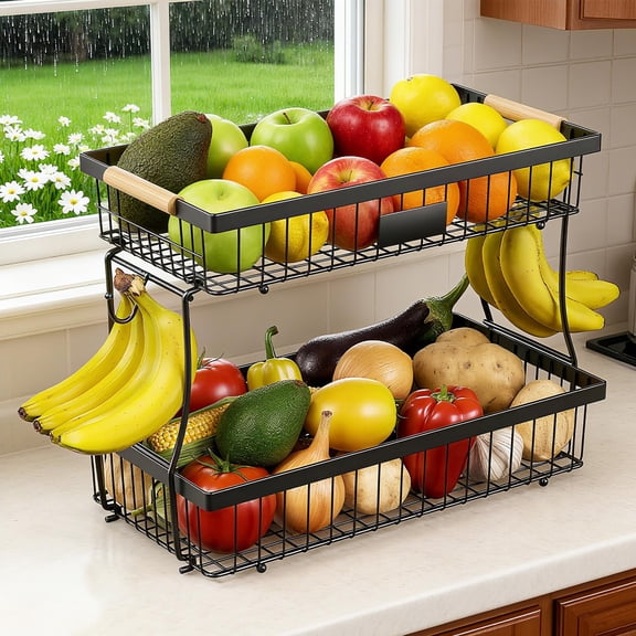 USIONE 2-Tier Detachable Metal Fruit Basket - Wooden Handle & 2 Banana Hangers, Extra Large for Kitchen Counter - Black