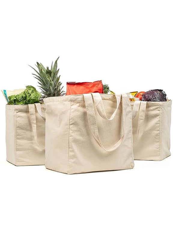 3 Pack XL Canvas Grocery Bags with Real Pockets, Heavy Duty Reusable Shopping Bags with Long Shoulder Strap & Short Handle, Foldable Washable Tote Bags
