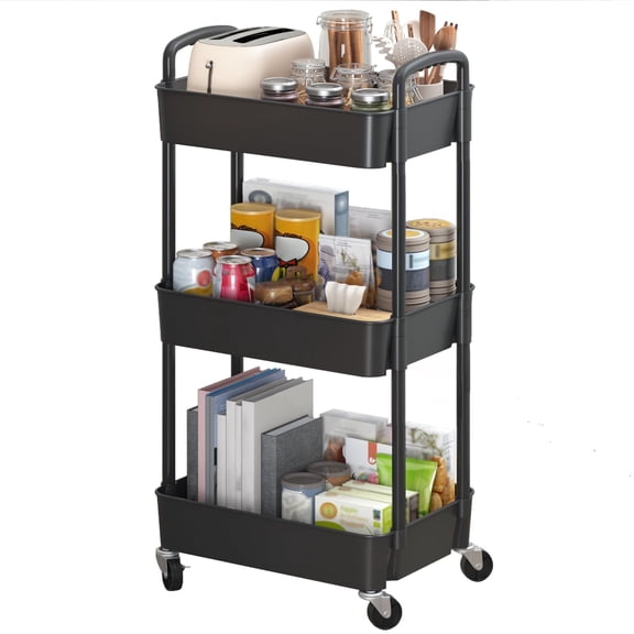 USIONE 3-Tier Plastic Rolling Utility Cart, 151132 inch with Handle, Mobile Storage Trolley for Kitchen Office Organization, Black