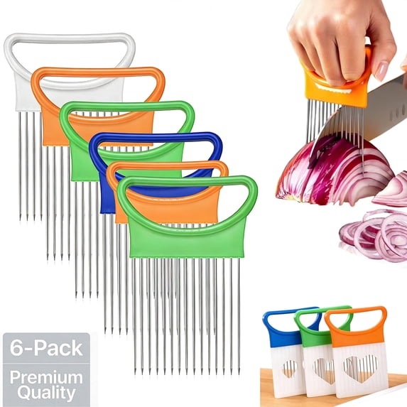 USIONE 6Pieces Onion Holder for Slicing, Stainless Steel Onion Cutter for Slicing, Potato Lemon Slicer Tomato Slicers Kitchen Comb for Vegetables, Fruit and Meat