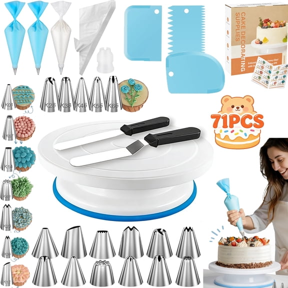 USIONE 71PCs Professional Cake Decorating Kit with Turntable, 12 Icing Tips, 2 Spatulas, 3 Scrapers & 52 Piping Bags