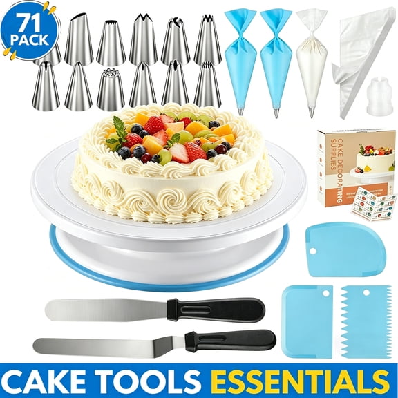 USIONE 71PCs Professional Cake Decorating Kit with Turntable, 12 Icing Tips, 2 Spatulas, 3 Scrapers & 52 Piping Bags