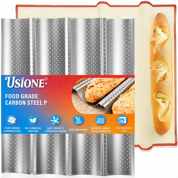 USIONE Baguette Bread Pan Set, French Bread Baking Pan for Baking, Baguette Pan with Professional Proofing Cloth for Home Baker, 15x12 Inch Bread Pan