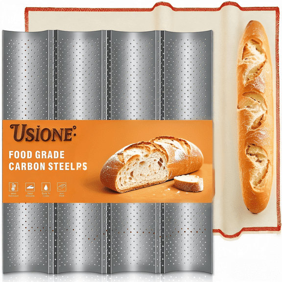 USIONE Baguette Bread Pan Set, French Bread Baking Pan for Baking, Baguette Pan with Professional Proofing Cloth for Home Baker, 15x12 Inch Bread Pan