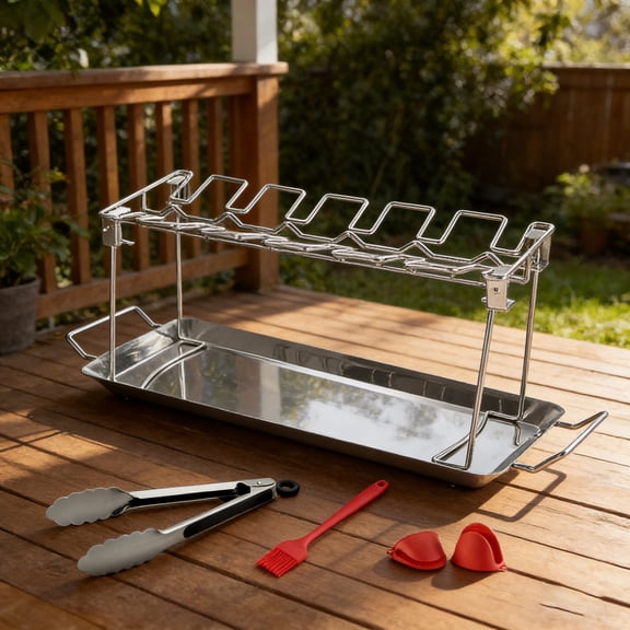 USIONE Stainless Steel Chicken Leg Rack with Drip Tray, 12 Slots Grill Rack for Chicken Wings & Drumsticks, BBQ Smoker Grill Accessories