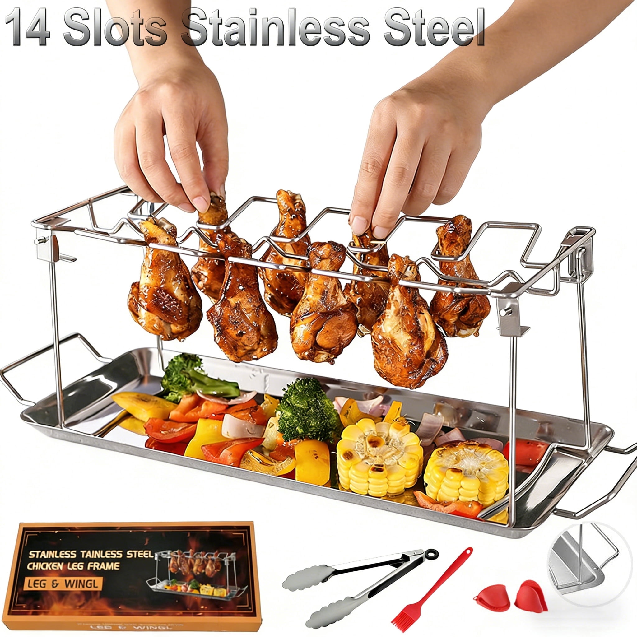 USIONE Stainless Steel Chicken Leg Rack with Drip Tray, 12 Slots Grill ...