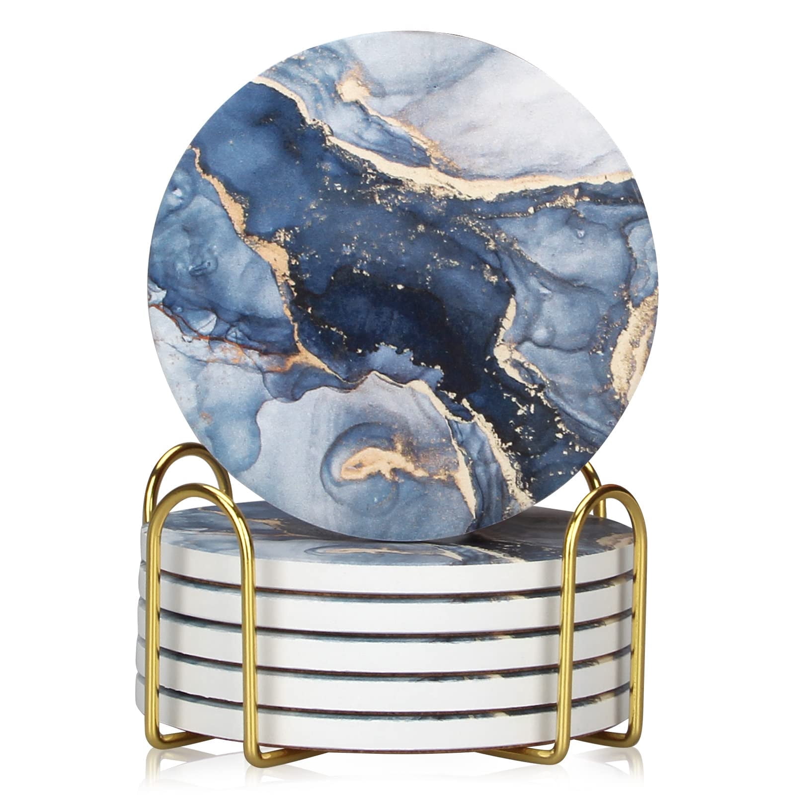 USIONE Coasters Set of 6, Navy Blue Marble Abstract Round Ceramic Coasters with Holder, Best Absorbent Drink Coaster Set, Coffee Table Decor for Home Decor House Warming Gifts New Home