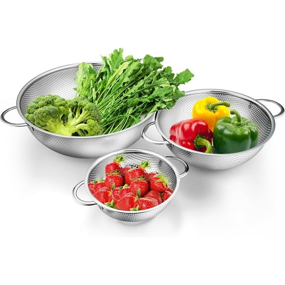 USIONE Colander Set of 3, Stainless Steel Perforated Metal Colander Strainer with Handles for Spaghetti, Pasta, Berry, Rust Free & Dishwasher Safe - 1/3/5-quart
