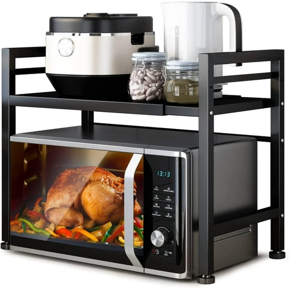 USIONE Expandable Microwave Oven Rack, Carbon Steel Countertop Microwave Stand, Kitchen Utensils & Tableware Storage Shelf with 6 Hooks