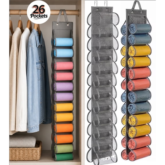 USIONE Hanging Closet Organizer with 26 Pockets - Foldable Oxford Cloth Storage Holder for Yoga Leggings, Socks, Shirts, Jeans | Family Bedroom (Grey)