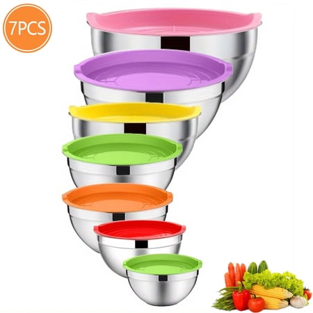 USIONE Mixing Bowl with Lid, 7 Piece Stainless Steel Salad Mixing Bowl Set, 0.86/1.4/1.9/2.9/3.5/4.5/5.7QT, Prepare, Bake, Cook and Serve Foods