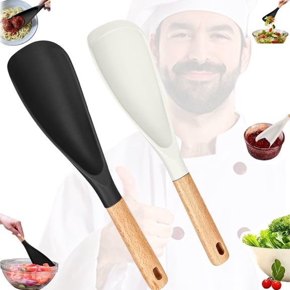 USIONE Multi-Functional Silicone Spatula & Spoon Set - BPA-Free Matte Silicone, Wooden Handle, For Non-Stick Cookware, Black & White (12.2"), Cooking Baking Serving