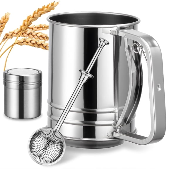 USIONE Stainless Steel Cup Flour Sifter, Hand Crank Baking Sifter for Flour, Powdered Sugar, Cocoa Powder, Fine Mesh Sieve with Measurement Mark for Home Baking, Cake, Cookie, Pastry