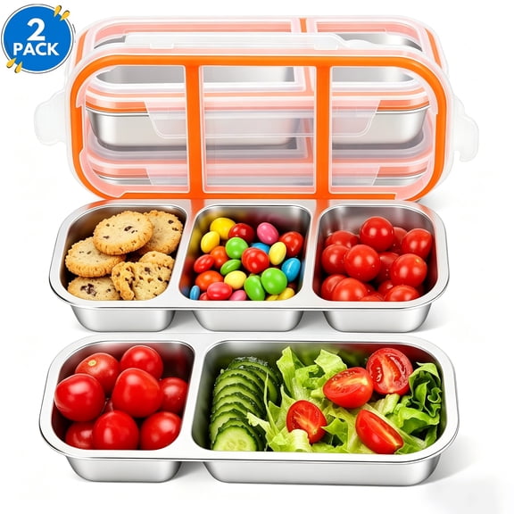 USIONE Stainless Steel Snack Containers - 2 Reusable 3-Compartment & 2-Compartment Boxes with Lids, Divided Food Storage for Kids & Adults, Perfect for School, Home, Travel
