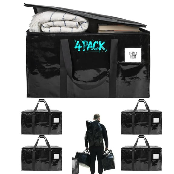 USIONE Storage ba Extra Heavy Duty Large Moving Bags with Strong Zipper & Comfortable Handles, Sturdy & Durable Clothes Storage Bags Totes Bins, Packing Moving Boxes for College Supplies, Black 4Pack