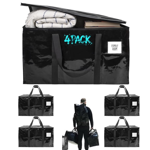 USIONE Heavy Duty Large Moving Storage Bags with Reinforced Handles, Tear Resistant Packing Totes for College Dorm, Black, 4 Pack