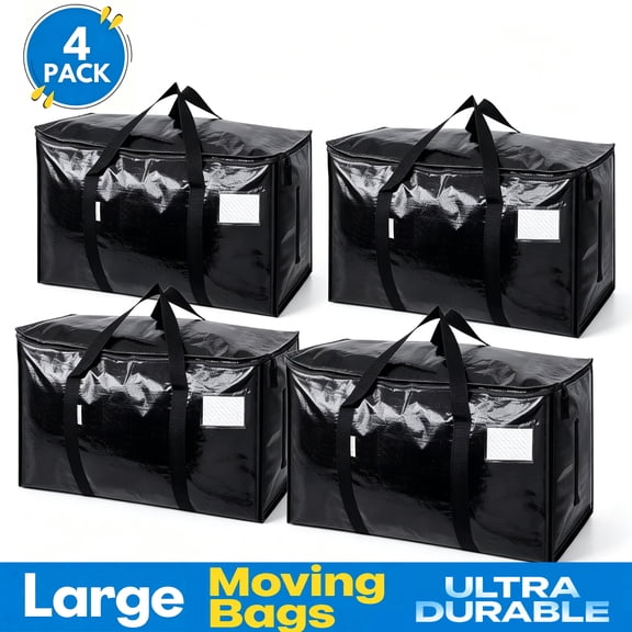 USIONE Heavy Duty Large Moving Storage Bags with Reinforced Handles, Tear Resistant Packing Totes for College Dorm, Black, 4 Pack
