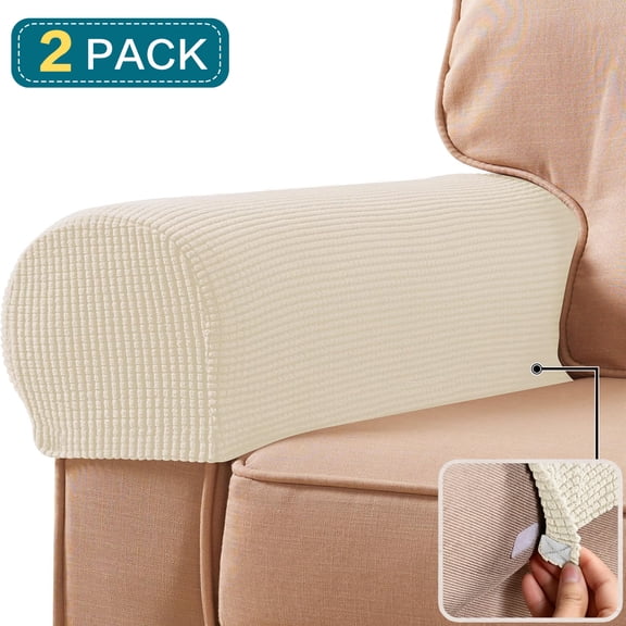 USIONE Sofa Arm Cover Set of 2, Stretch Checkered Armrest Slipcovers, Anti-Slip Pet Proof High Stretchy Armchair Arm Covers with Hook & Loop Tape, Ivory