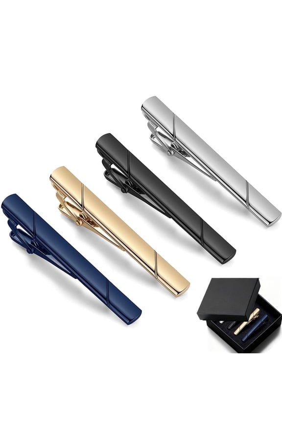 Men's Tie Clips Set - Stainless Steel, in Black, Gold, Blue & Silver for Regular Ties, Ideal Boxed Gift