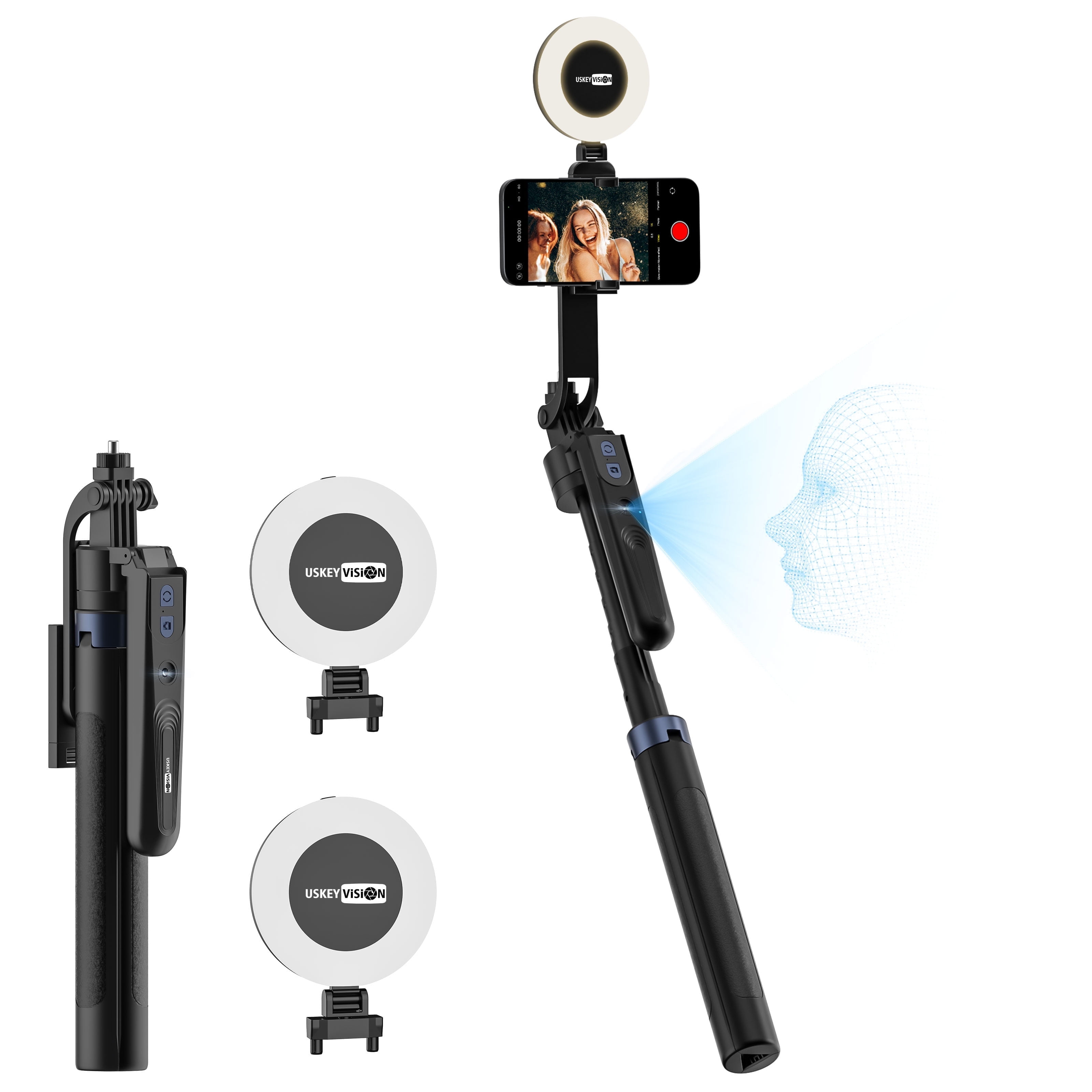 USKEYVISION Auto Face Tracking Tripod 360 Rotation,Phone Tripod for iPhone w/Fill Light,Selfie Stick for iPhone w/Remote Control,70” Phone Holder Video Recording for Content Creators TikTok(UTK-02)