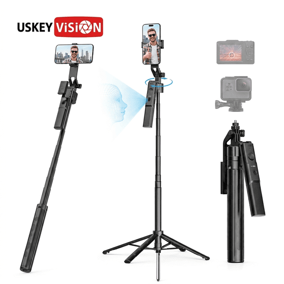 USKEYVISION R01 AI Face Tracking Tripod, 68 Inch Auto Rotating Phone Holder, Gesture-Controlled 4-Legged Stand with Ground Spike, Detachable Bluetooth Remote for Vlogging Selfies