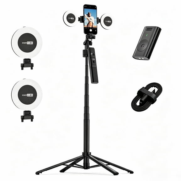 USKEYVISION R01 Combo 360 Auto Face Tracking Tripod for Phone, NoApp Required Selfie Stick Tripod with Detachable Dual Fill Lights & Bluetooth Remote, 1/4" Screw for Vlog Live Streaming