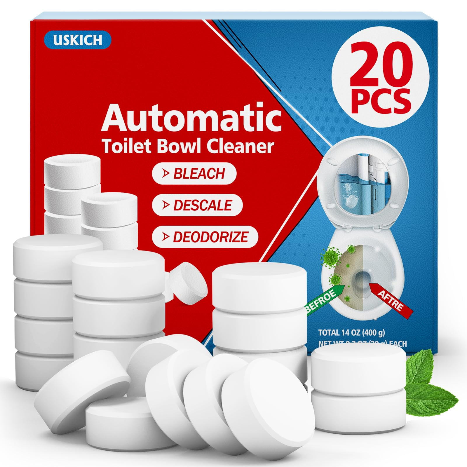 USKICH Toilet Bowl Cleaner Tablets 20 PACK, Bathroom Automatic Toilet ...