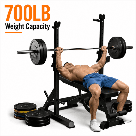 USLIM Adjustable Bench Press Rack, Barbell Squat Stand with Dip Station, Push-Up Handles, 700 lb Home Gym Weight Rack