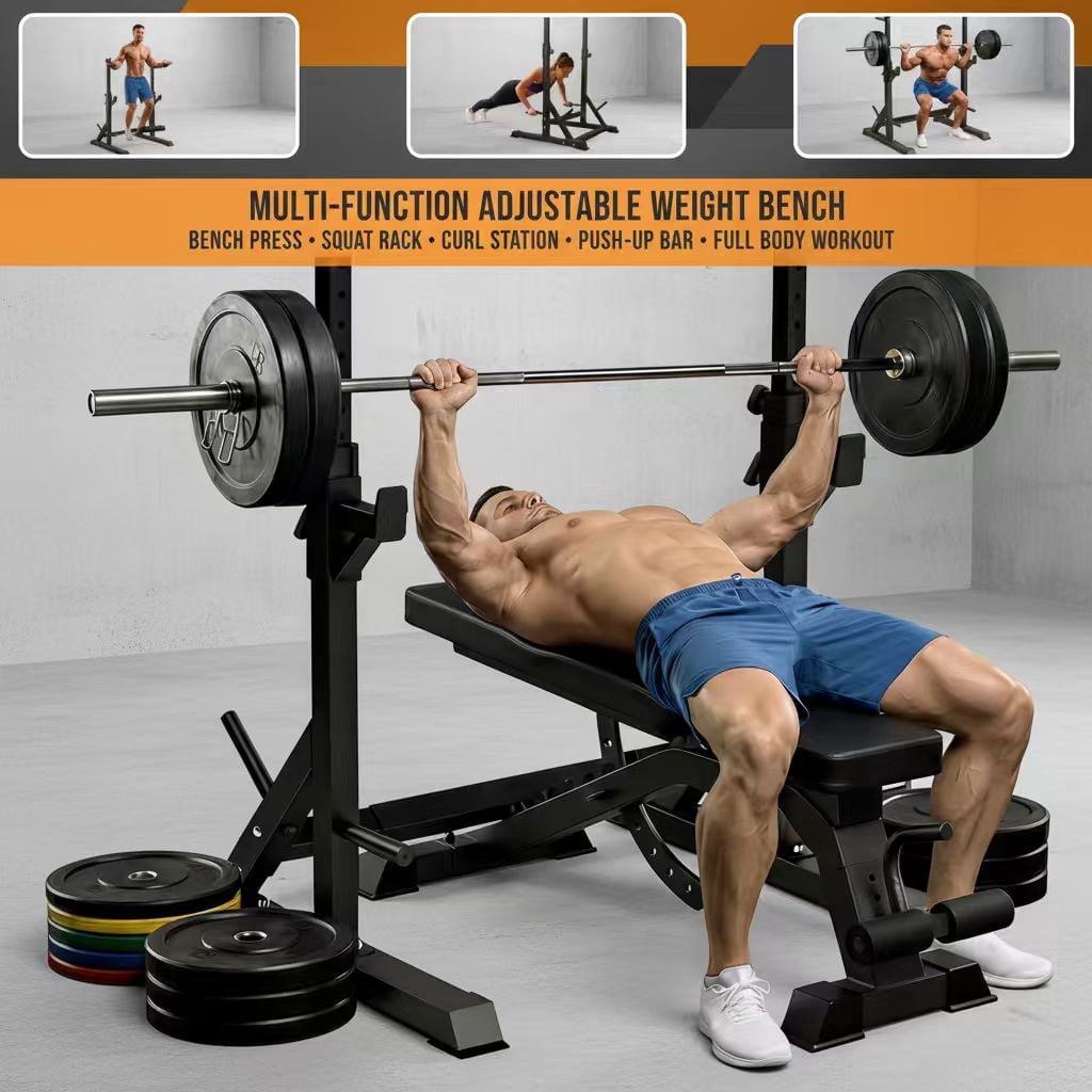 USLIM Adjustable Bench Press Rack Stand, Heavy Duty Barbell Rack with ...