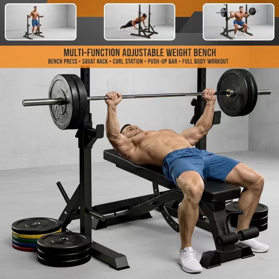 USLIM Adjustable Bench Press Rack Stand, Heavy Duty Barbell Rack with Dip Station, Push-Up Handles, Width Adjustable for 6FT, 7FT and 8FT Bars, 700 lbs Capacity