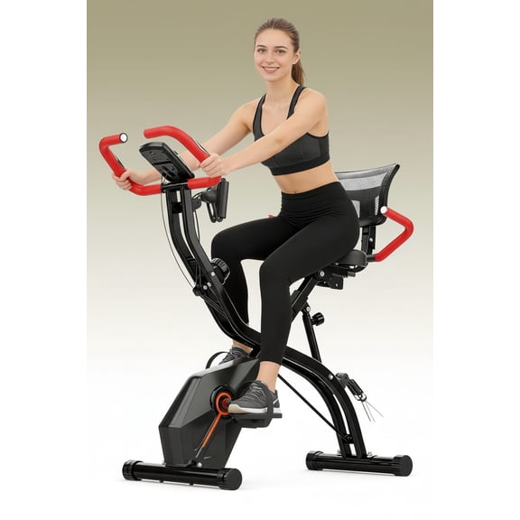 USLIM Foldable Exercise Bike for Home, Upright and Recumbent Stationary Bike with Ergonomic Mesh Backrest, Full Body Indoor Workout Bike with Wide Seat, 6.6 lb Flywheel, 300 lbs Capacity, Red