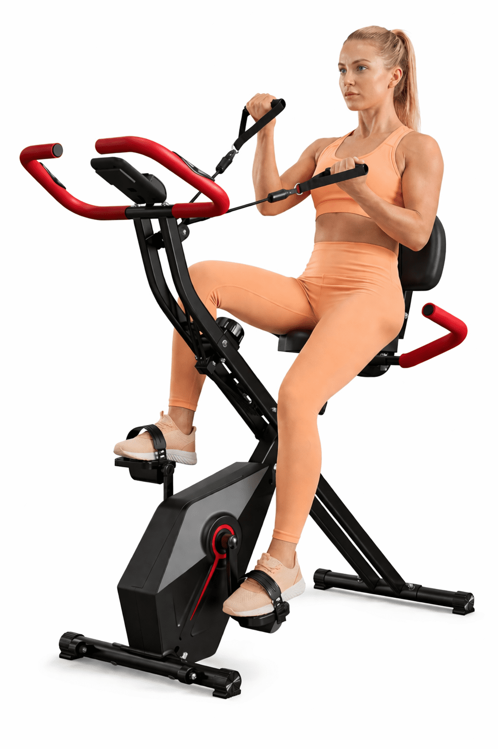 USLIM Foldable Exercise Bike for Home with Arm Resistance Bands, Quiet Magnetic Stationary Bike, LCD Monitor, 300 lb Capacity