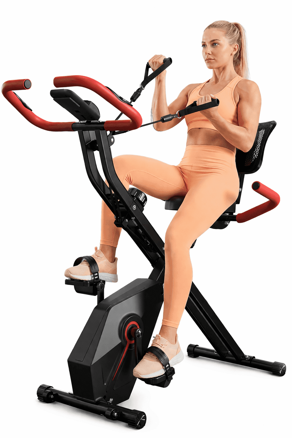 USLIM 5-in-1 Foldable Exercise Bike for Home Cardio Workouts with Backrest, 16-Level Magnetic Resistance, Resistance Bands, 300 lb Capacity