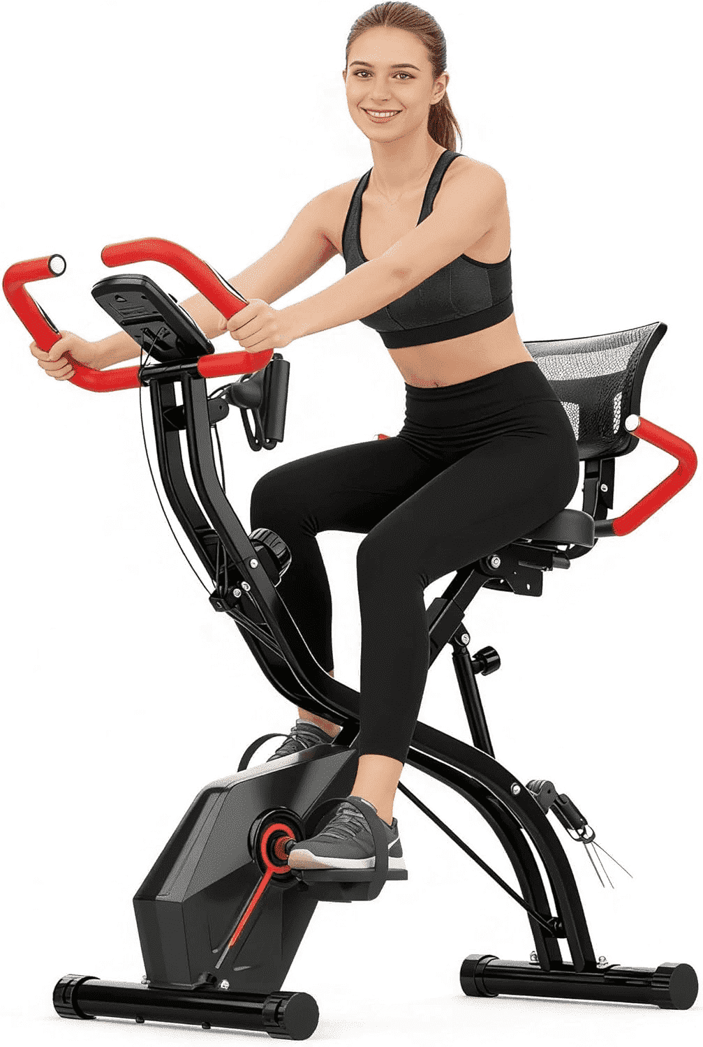 USLIM Foldable Stationary Exercise Bike for Home Workout, Indoor Cycling Design, Mesh Backrest, Wide Seat, Arm Resistance Bands, 300 lb Capacity, Red