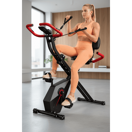USLIM Foldable Magnetic Exercise Bike, Home Stationary Bike with Arm Resistance Bands, LCD Monitor, 300 lb Capacity