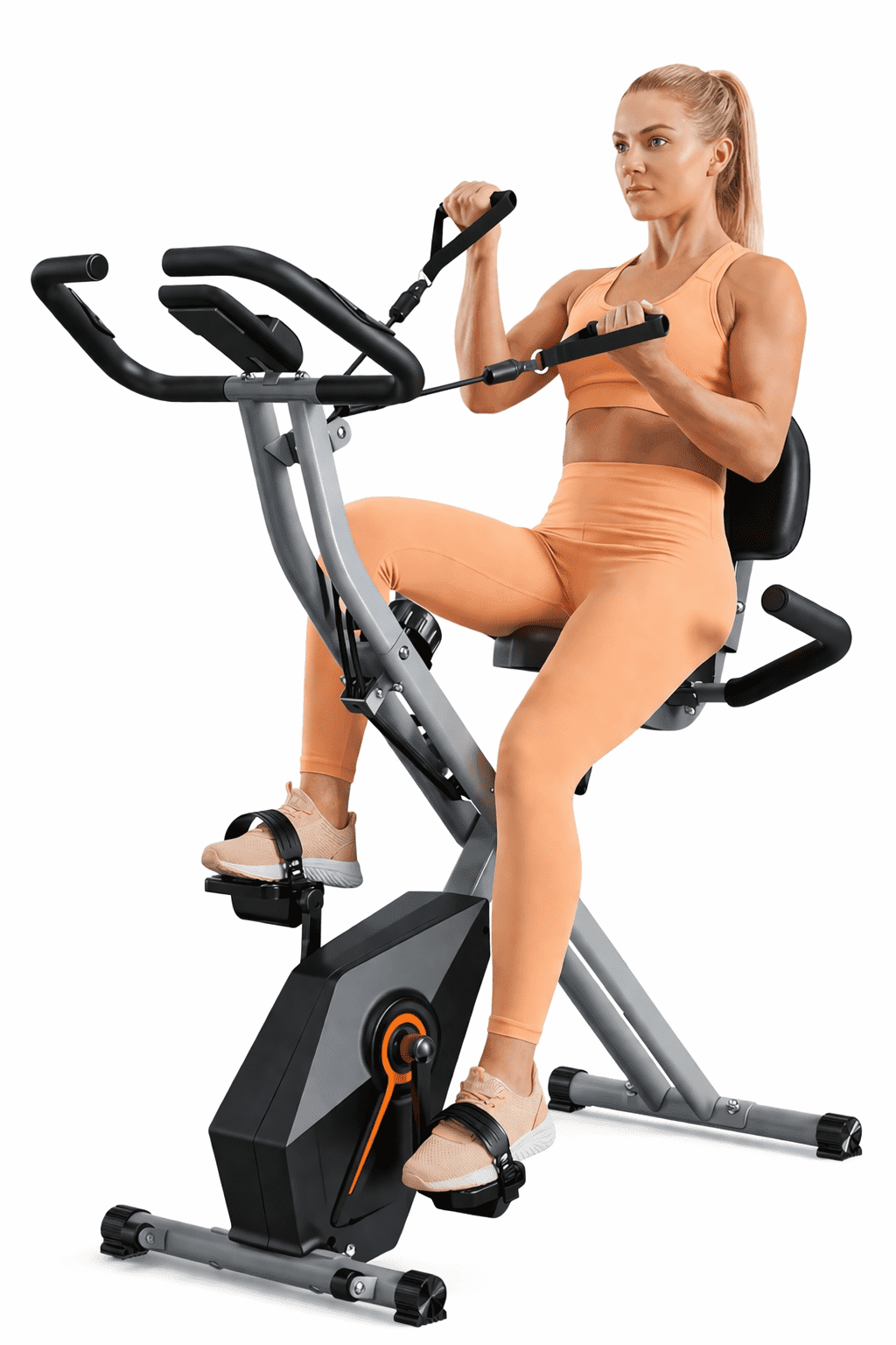 USLIM Foldable Exercise Bike for Home Cardio Workouts, 16-Level Magnetic Resistance, Resistance Bands, Backrest, LCD, 300 lb Capacity