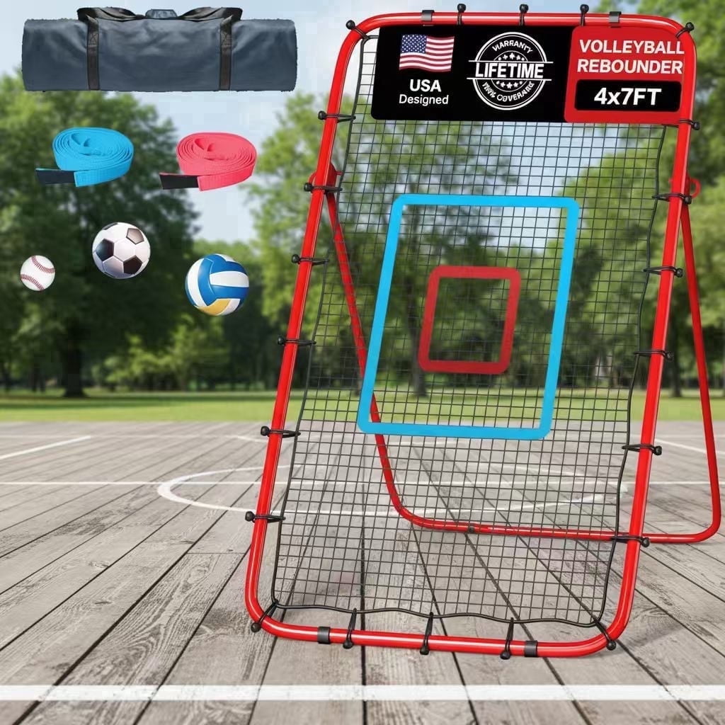 Volleyball Rebounder Net, 7 x 4 ft Adjustable Bounce Back Trainer with 5 Angles, 2 Target Straps and Carry Bag