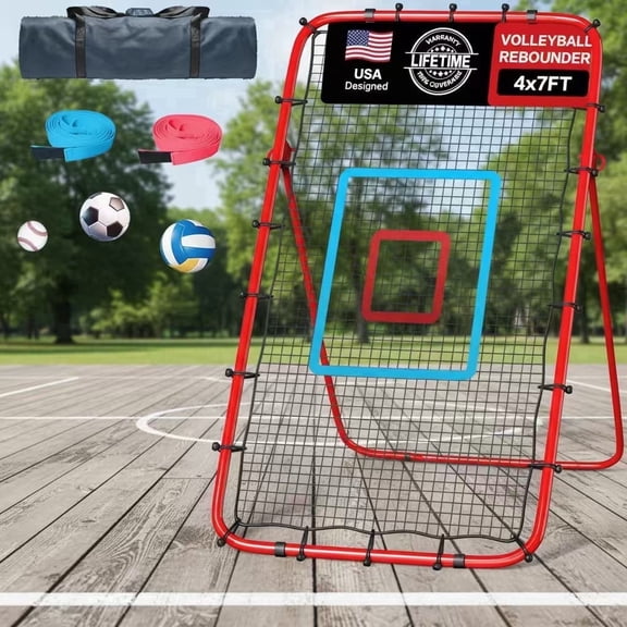 Volleyball Rebounder Net, 7 x 4 ft Adjustable Bounce Back Trainer with 5 Angles, 2 Target Straps and Carry Bag