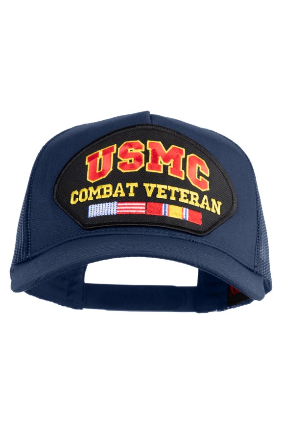 USMC Combat Veteran Patched Solid Cotton Twill 5 panel Mesh Back Cap - Navy OSFM