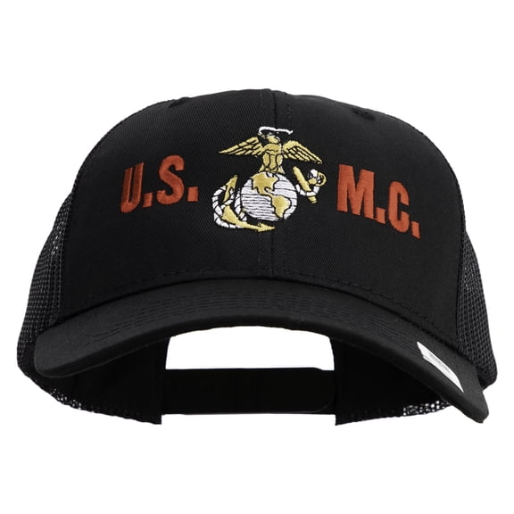 USMC Design Embroidered 6 Panel Structured Cotton Twill Mesh Cap Made in USA - Black OSFM
