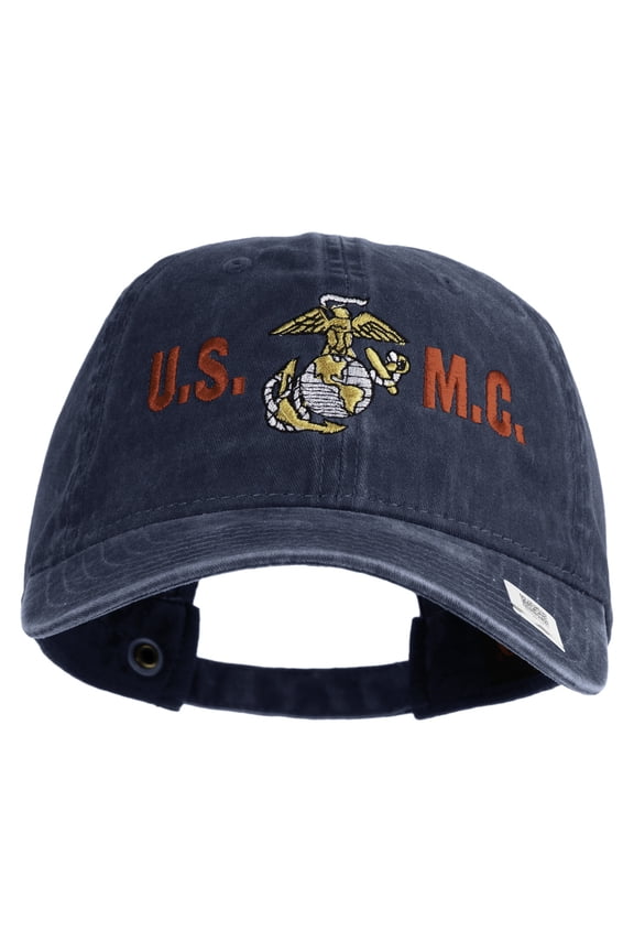 USMC Design Embroidered Washed Solid Pigment Dyed Cotton Twill Brass Buckle Cap - Navy OSFM