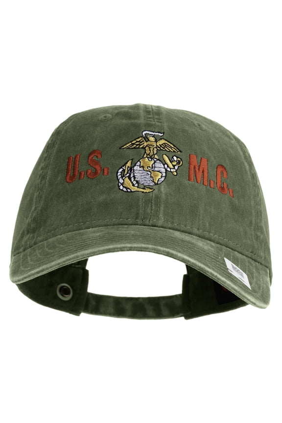 USMC Design Embroidered Washed Solid Pigment Dyed Cotton Twill Brass Buckle Cap - Olive OSFM