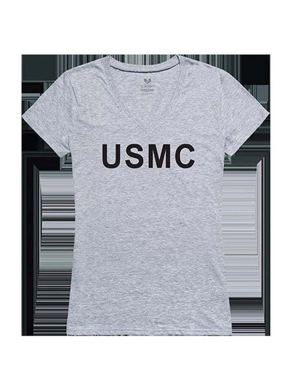 USMC Graphic V-Neck T-Shirts, Heather Grey - Small