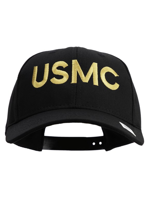 USMC Letter Embroidered 6 Panel Structured Cotton Twill Cap Made in USA - Black OSFM